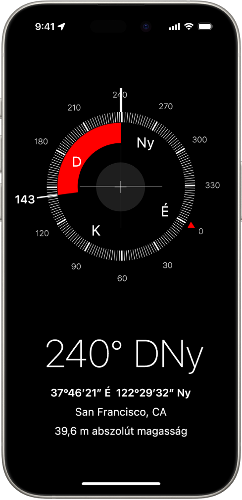Az Iránytű app képernyője, amelyen az aktuális helyzet és az abszolút magasság látható, ezenkívül az az irány, amely felé az iPhone néz.