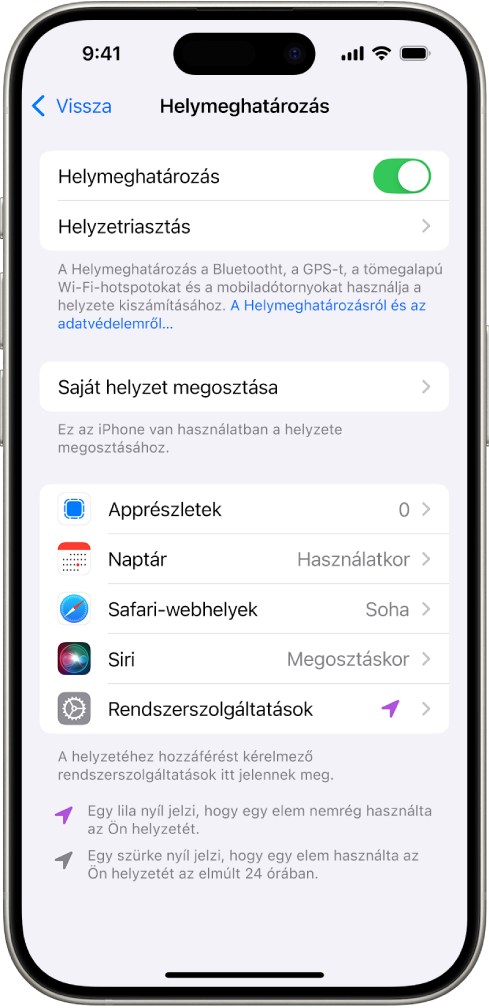 A Helymeghatározás képernyő az iPhone helyének megosztására szolgáló beállításokkal.
