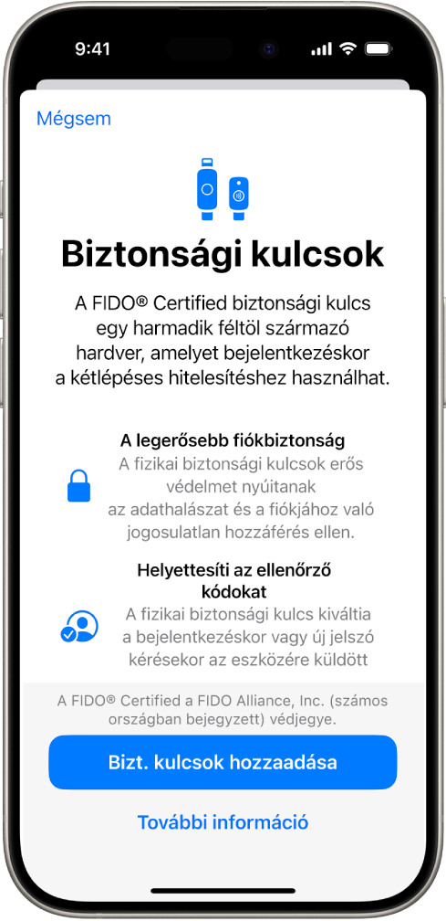 A Biztonsági kulcsok üdvözlő képernyője. A képernyő alján a Biztonsági kulcsok hozzáadása gomb és a Bővebben link látható. Felettük egy szöveg jelenik meg, amely a biztonsági kulcsok használatának előnyeit ismerteti.