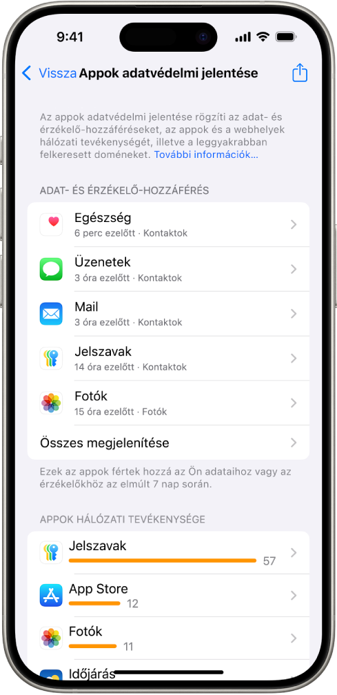 Egy app adatvédelmi jelentése, amely információkat jelenít meg öt appról az Adat- és érzékelő-hozzáférések kategóriában, továbbá appokról az Appok hálózati tevékenysége kategóriában.