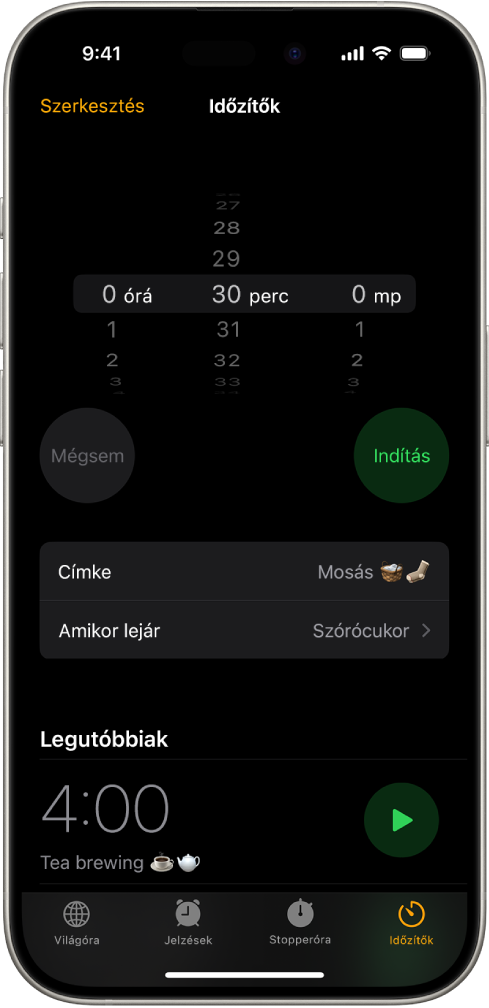 Az időzítő hozzáadásának képernyője az időzítő hozzáadásának beállításaival és egy legutóbbi időzítő elindításának gombjával.