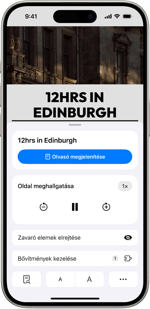 Egy megnyitott webhely a Safariban. Az Oldalbeállítások gomb ki van választva, és megjelennek a hallgatás vezérlői.