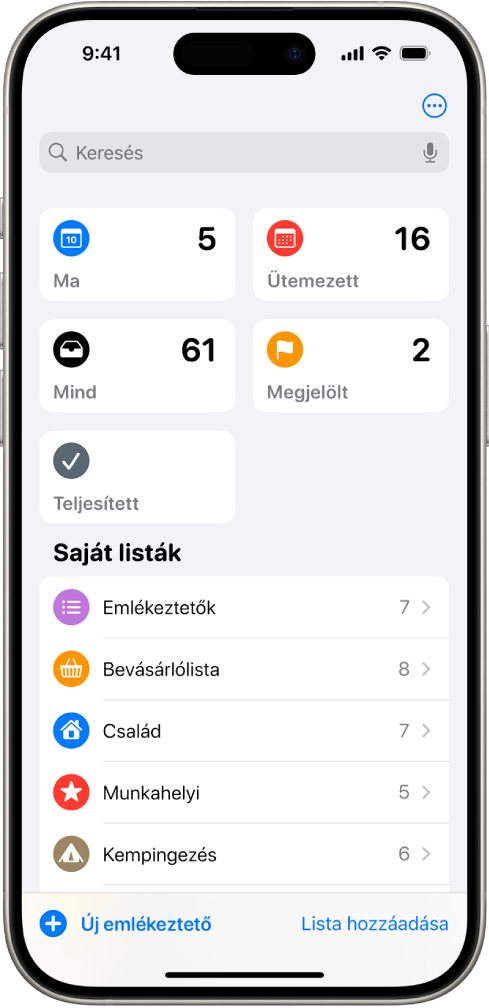 Az Emlékeztetők képernyőjén felül az Intelligens listák láthatók, alattuk pedig több hagyományos lista.