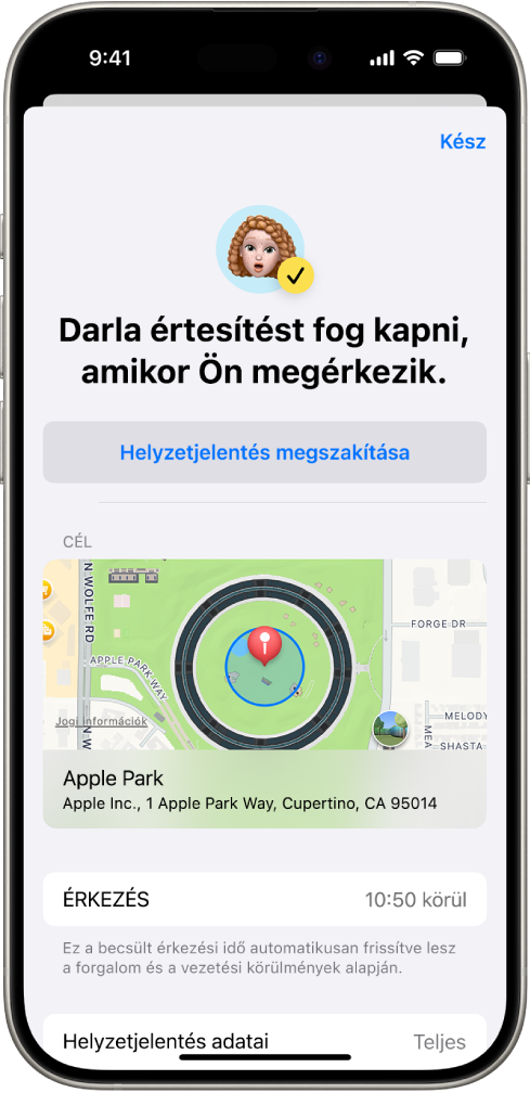 Helyzetjelentési képernyő, amelyen az látható, hogy egy barát 14 perc múlva lesz értesítve. Ez alatt különféle opciók jelennek meg, amelyekkel meghosszabbítható ez az időtartam, vagy törölhető a Helyzetjelentés. Alul egy térkép látható, amely a jelenlegi helyzetet jeleníti meg.