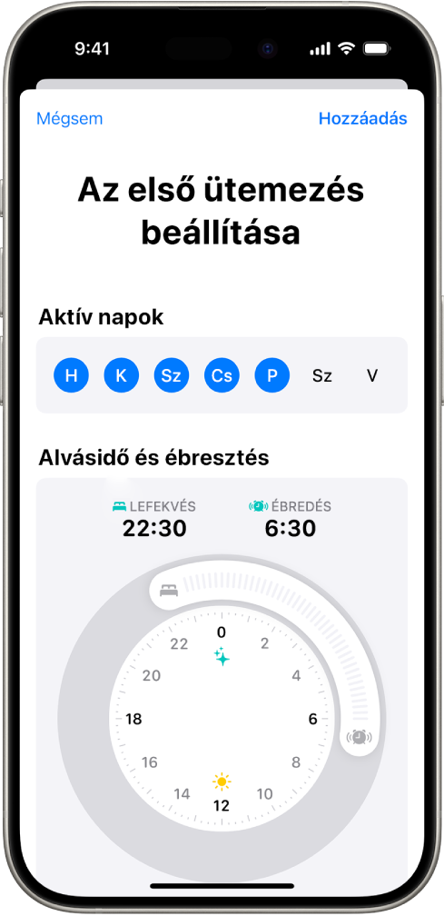Az első ütemezés beállítása képernyő az Egészségben, amelyen egy Aktív napok szakasz és egy Alvásidő és ébresztés óra látható.