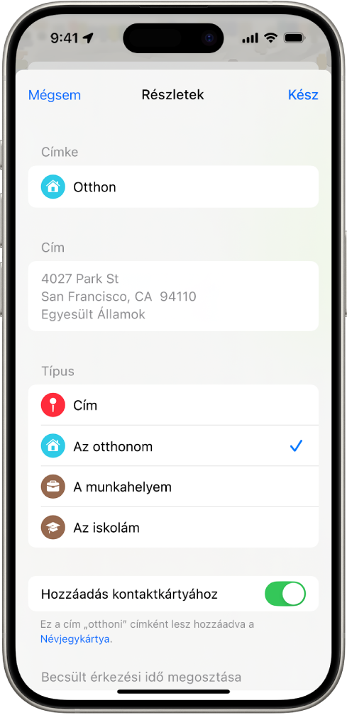 A Térképek app, amelyben a Részletek képernyőn a rendelkezésre álló opciókkal be lehet állítani egy címet otthoni, munkahelyi vagy iskolai címként.
