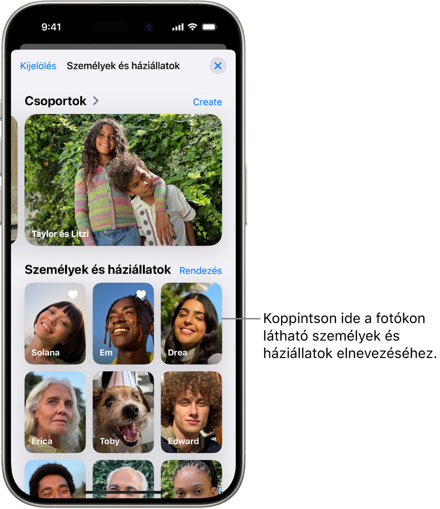 A Személyek és háziállatok gyűjtemény a Fotók appban. Felül jelennek meg a csoportok és a személyek, a háziállatok pedig alul vannak felsorolva.