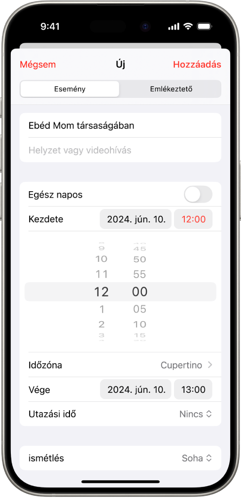 Naptáresemény, amelyen az esemény időpontjának és időzónájának beállításai láthatók.