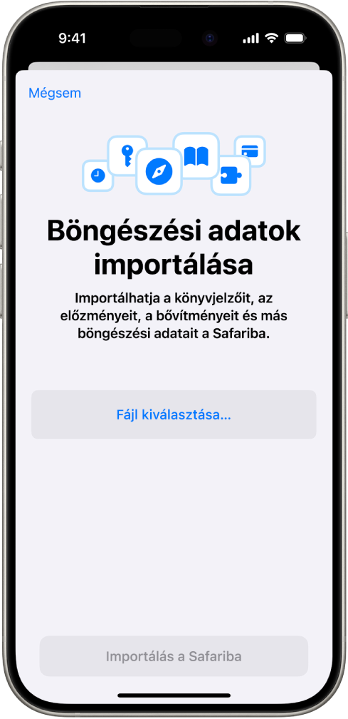 A Böngészési adatok importálása képernyő, amely a Safariba importálandó adatokat jeleníti meg egy másik böngészőből.