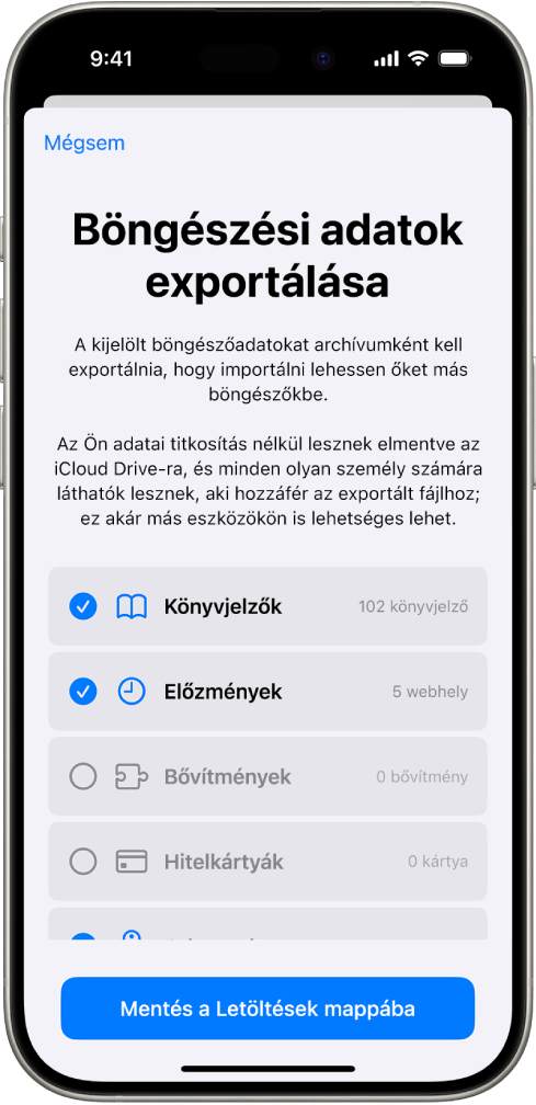 A Böngészési adatok exportálása képernyő, amely megjeleníti a Safariból egy másik böngészőbe exportálható adatokat.