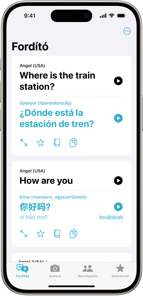 A Fordítás lap, amelyen egy angolról spanyol nyelvre és angolról mandarin nyelvre lefordított kifejezés látható.