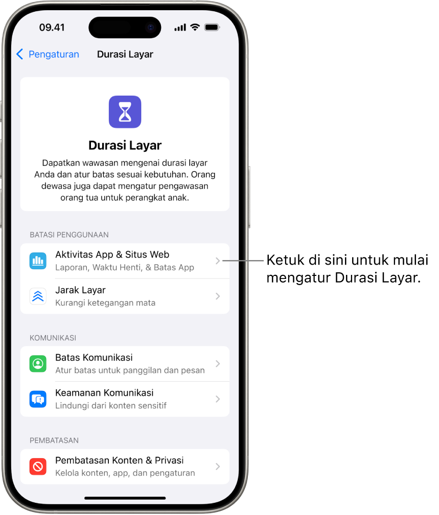 Layar untuk mengatur Durasi Layar, menunjukkan Anda mengetuk Aktivitas App & Situs Web untuk memulai.