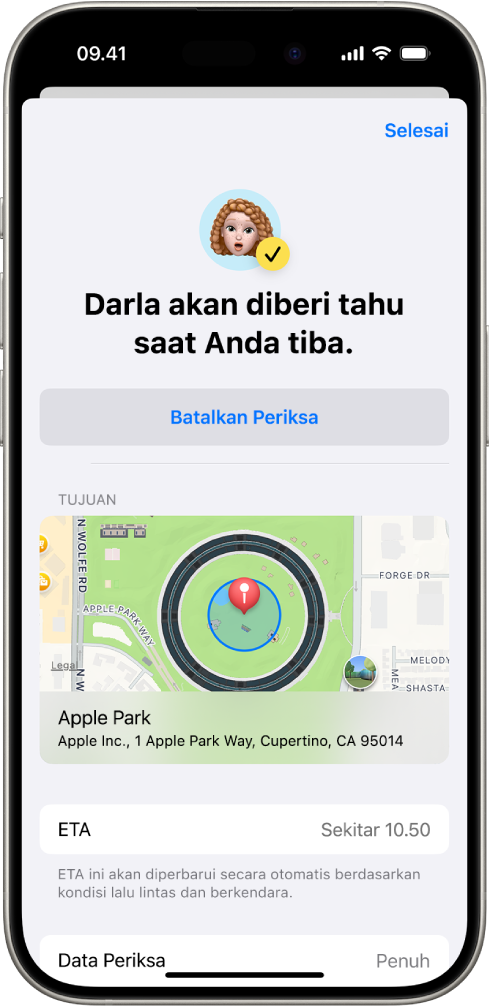Layar Periksa menampilkan teman akan diberi tahu dalam 14 menit, di bawahnya ada pilihan untuk memperpanjang waktu atau membatalkan Periksa. Di bagian bawah ada peta yang menunjukkan lokasi saat ini.