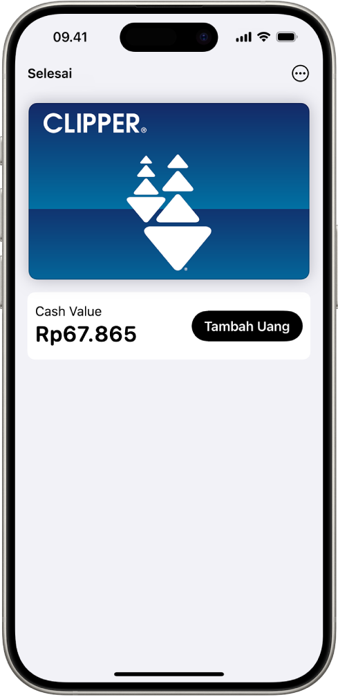 Kartu transit di app Dompet, menunjukkan saldo di akun dan tombol Tambah Uang.