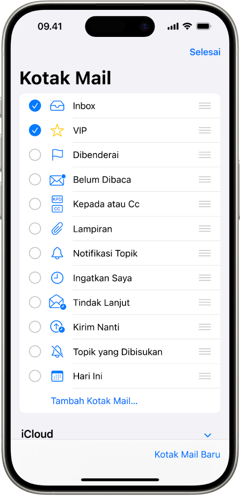 Layar pengeditan Kotak Mail. Kotak Mail opsional tercantum dari atas ke bawah dengan kotak centang di sebelah kiri setiap pilihan. Di pojok kanan bawah layar terdapat tombol berlabel Kotak Mail Baru.