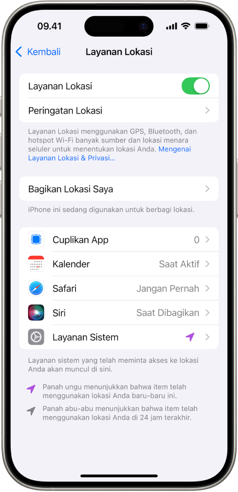 Layar Layanan Lokasi, dengan pengaturan untuk berbagi lokasi iPhone Anda dengan app.