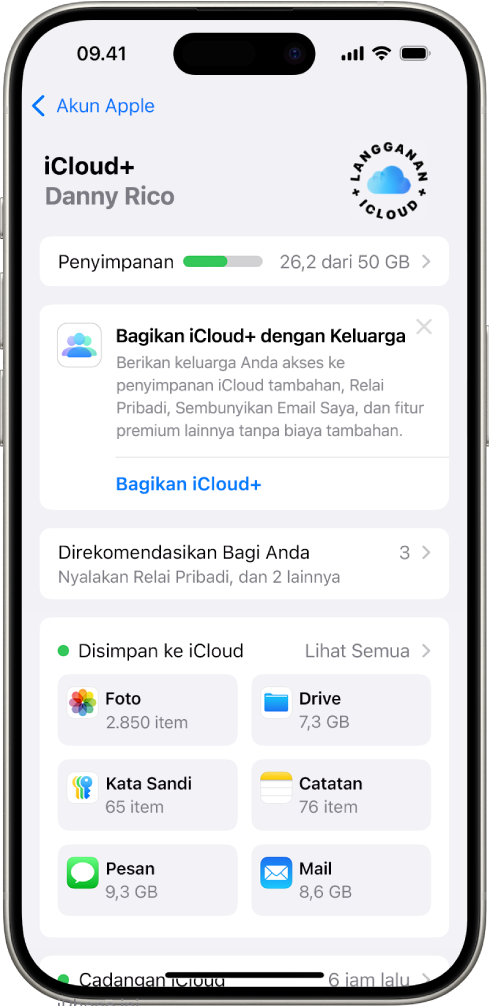 Layar pengaturan iCloud menampilkan meter penyimpanan iCloud dan daftar app dan fitur, meliputi Foto, iCloud Drive, dan iCloud Mail yang dapat digunakan dengan iCloud.
