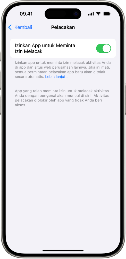 Layar Pelacakan, dengan pengaturan untuk mengontrol apakah app dapat meminta untuk melacak Anda di situs web atau app yang dimiliki oleh perusahaan lain.