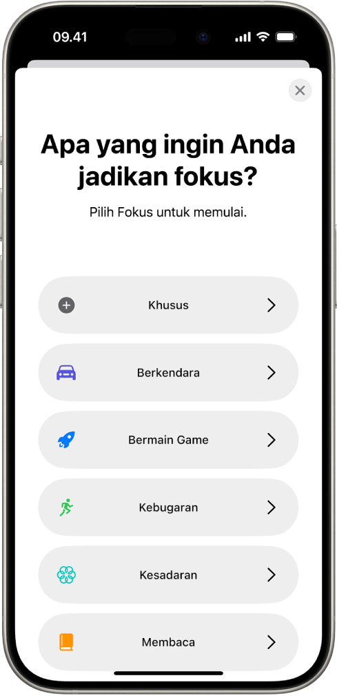 Layar pengaturan Fokus untuk pilihan Fokus tambahan yang disediakan, termasuk Khusus, Berkendara, Kebugaran, Bermain Game, Kesadaran, dan Membaca.