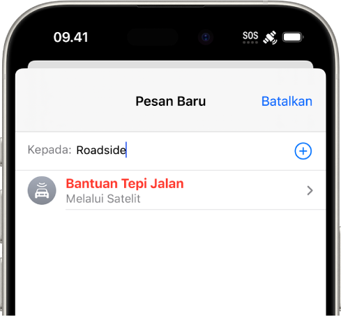 Pesan baru dialamatkan ke “tepi jalan”. Di bawahnya ada tautan untuk Bantuan Tepi Jalan melalui satelit.