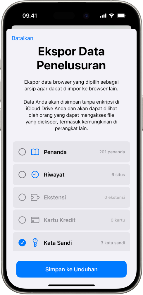 Layar Ekspor Data Penelusuran, dengan pilihan Kata Sandi yang dipilih untuk mengekspor ke pengelola kata sandi lain.