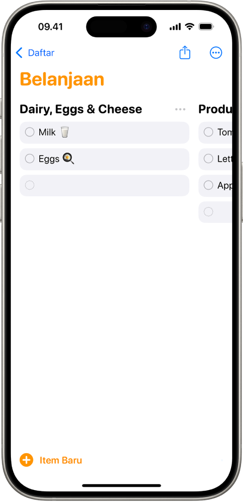 App Pengingat menampilkan daftar belanjaan dengan kategori yang diatur sebagai kolom.