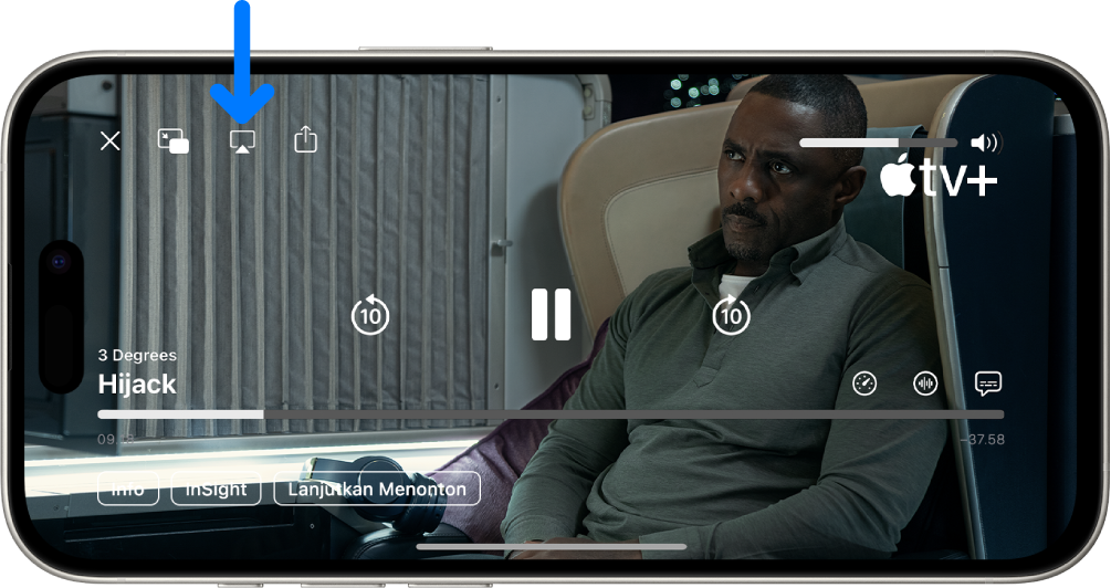 Film diputar di layar iPhone. Di bagian tengah layar terdapat kontrol pemutaran. Tombol AirPlay berada di dekat kiri atas.