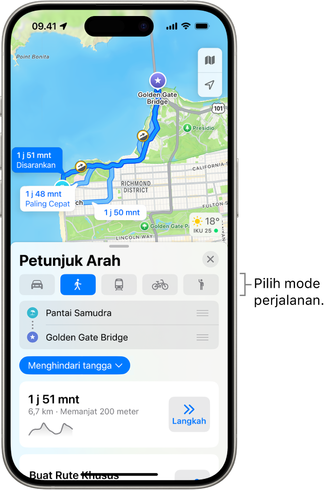 Peta menampilkan beberapa pilihan rute di antara dua lokasi, dengan tombol untuk memilih mode perjalanan lainnya, mengalihkan titik awal dan tujuan, dan melihat petunjuk arah sebagai langkah.