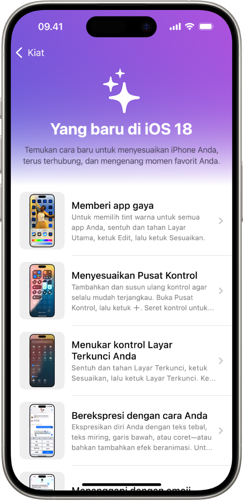 Layar menampilkan koleksi kiat dengan panah yang menandakan bahwa Anda dapat mengetuk koleksi untuk melihat kiat di dalamnya.
