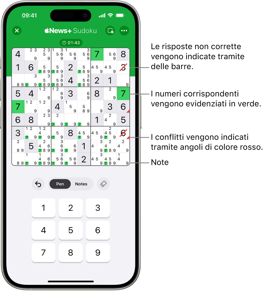 Un sudoku con varie funzionalità attive: Notes, “Highlight Matching Numbers”, “Show Conflicts” e Autocheck.