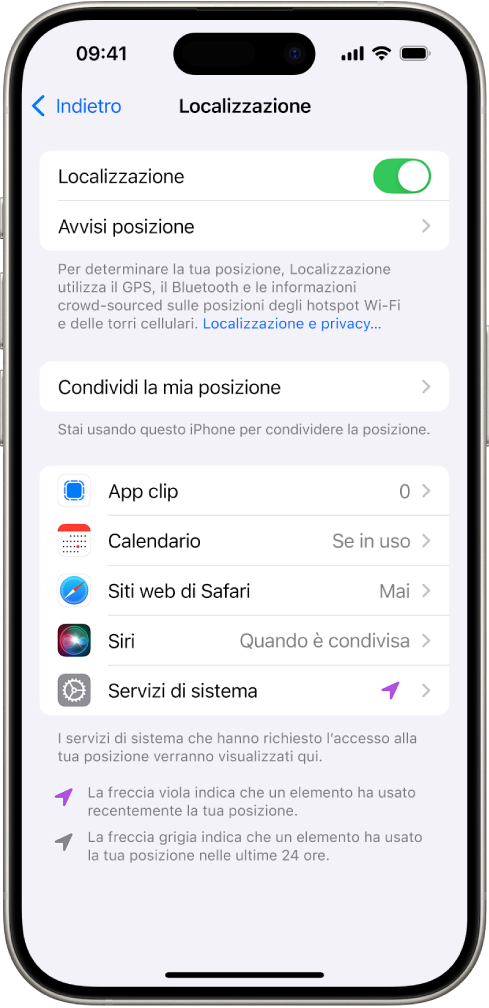 La schermata Localizzazione con le impostazioni per condividere la posizione di iPhone con altre app.