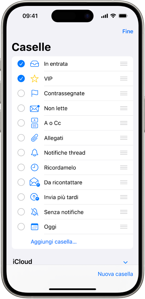 La scherma di modifica delle caselle. Le caselle opzionali sono elencate dall’alto al basso con un segno di spunta sulla sinistra di ogni opzione. Nell’angolo in basso a destra dello schermo è presente un pulsante “Nuova casella”.