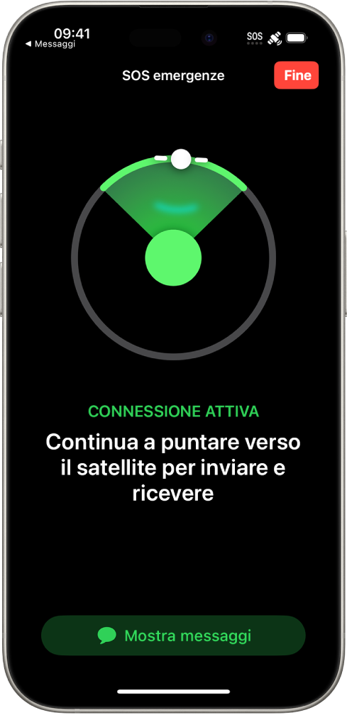 La schermata di “SOS emergenze” mostra che iPhone è connesso e visualizza l’indicazione per l’utente di continuare a puntare verso il satellite. Nella parte inferiore dello schermo è presente il pulsante “Mostra Messaggi”.