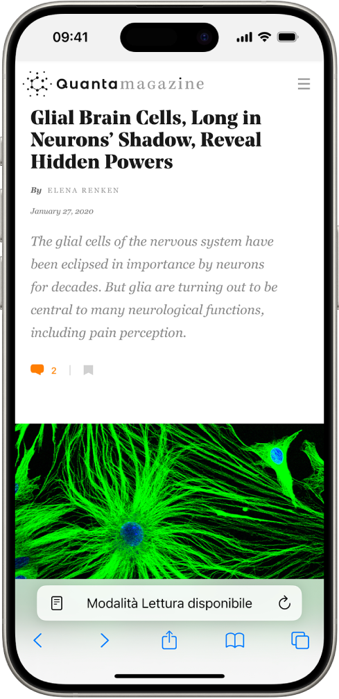 Un sito web viene aperto in Safari, il campo dell’indirizzo mostra che la modalità Lettura è disponibile per tale sito web.