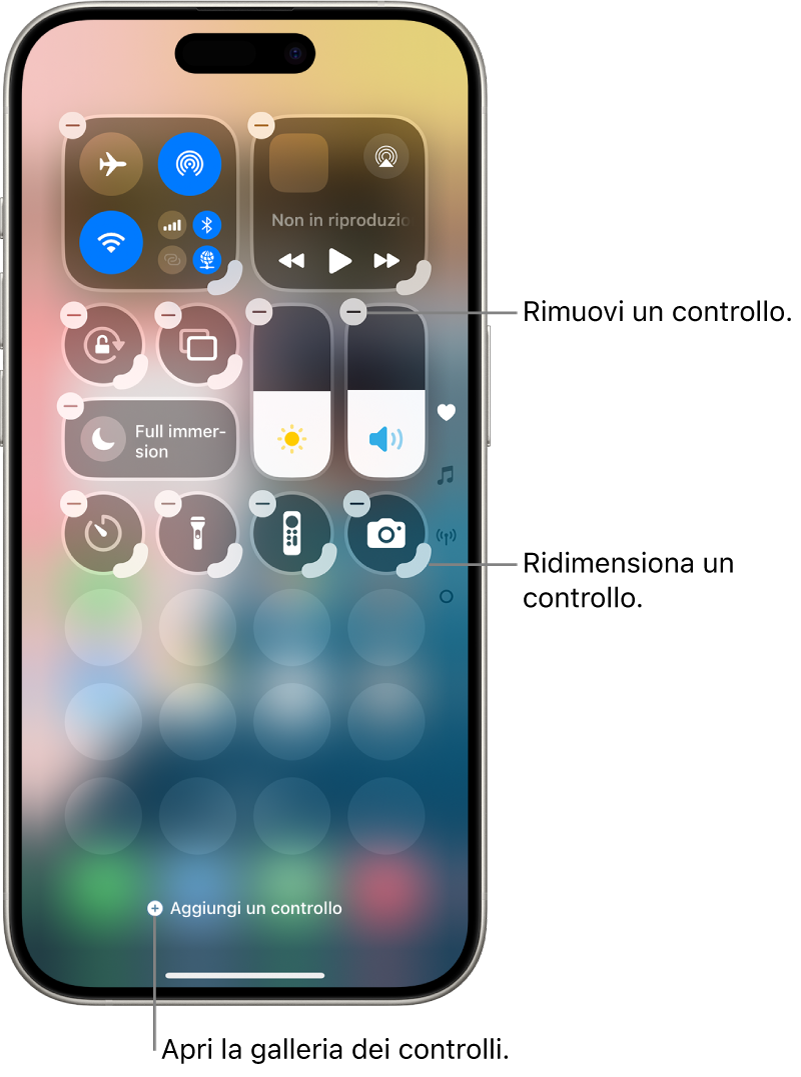 Centro di Controllo in fase di modifica, con un pulsante Rimuovi e una maniglia per il ridimensionamento su ciascun controllo.