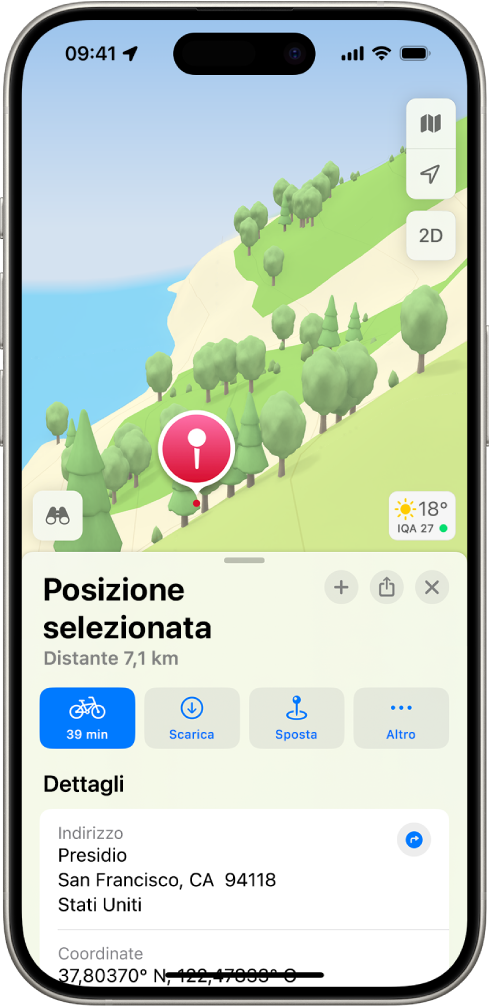 Una mappa che mostra un segnaposto inserito in un parco. Sotto sono presenti i pulsanti per ottenere indicazioni per raggiungere il luogo contrassegnato dal segnaposto, per scaricare la mappa dell’area circostante o per spostarlo.