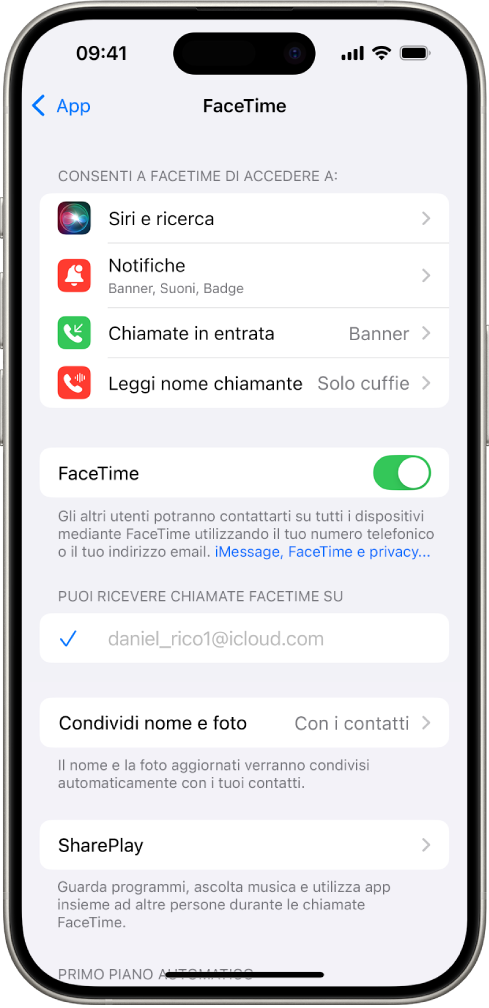 La schermata delle impostazioni di FaceTime, che mostra l’interruttore per attivare o disattivare FaceTime e il campo con l’Apple Account per FaceTime.