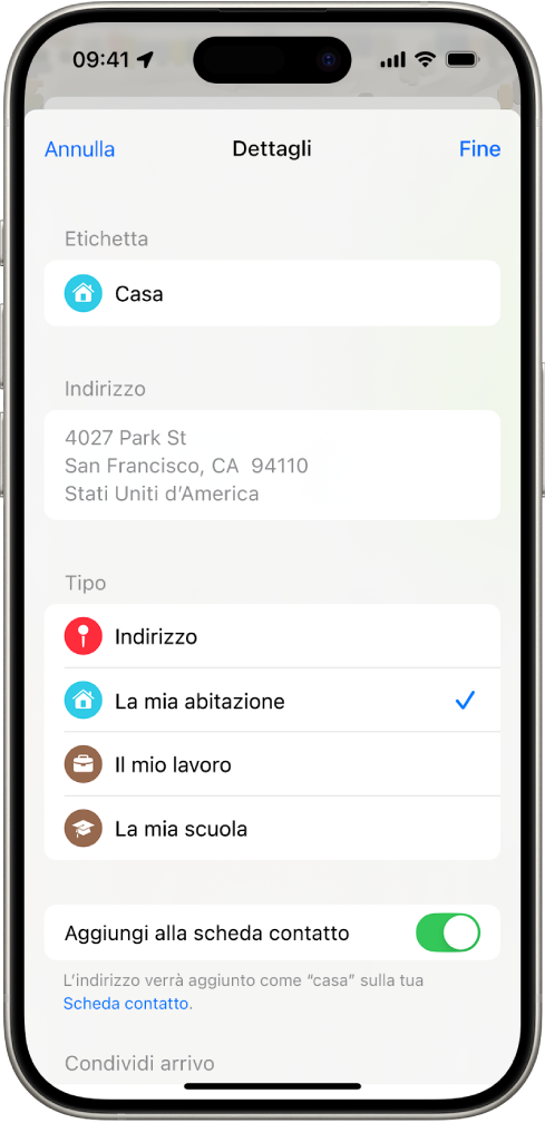 La schermata Dettagli sull’app Mappe, con le diverse opzioni per impostare un indirizzo di casa, del lavoro o della scuola.