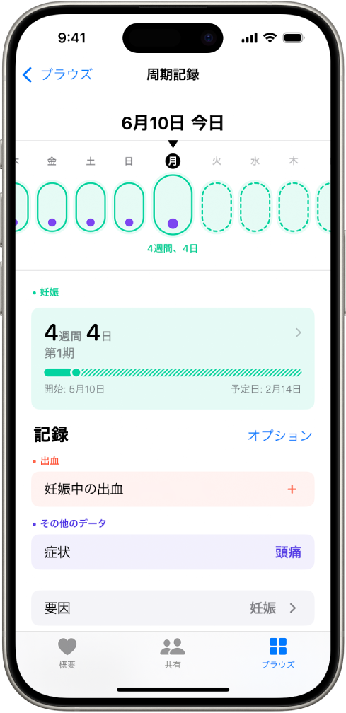 「周期記録」画面。画面上部に、1週間の妊娠タイムラインが表示されています。薄緑色の楕円と紫のドットは、タイムライン上の最初の5日間を表しています。点線になっている薄緑色の楕円は、タイムライン上の他の日を表しています。タイムラインの下には妊娠の概要があり、妊娠期間、妊娠初日、推定された出産予定日が表示されています。妊娠の概要の下には、妊娠中の出血や症状などの情報を追加するオプションがあります。
