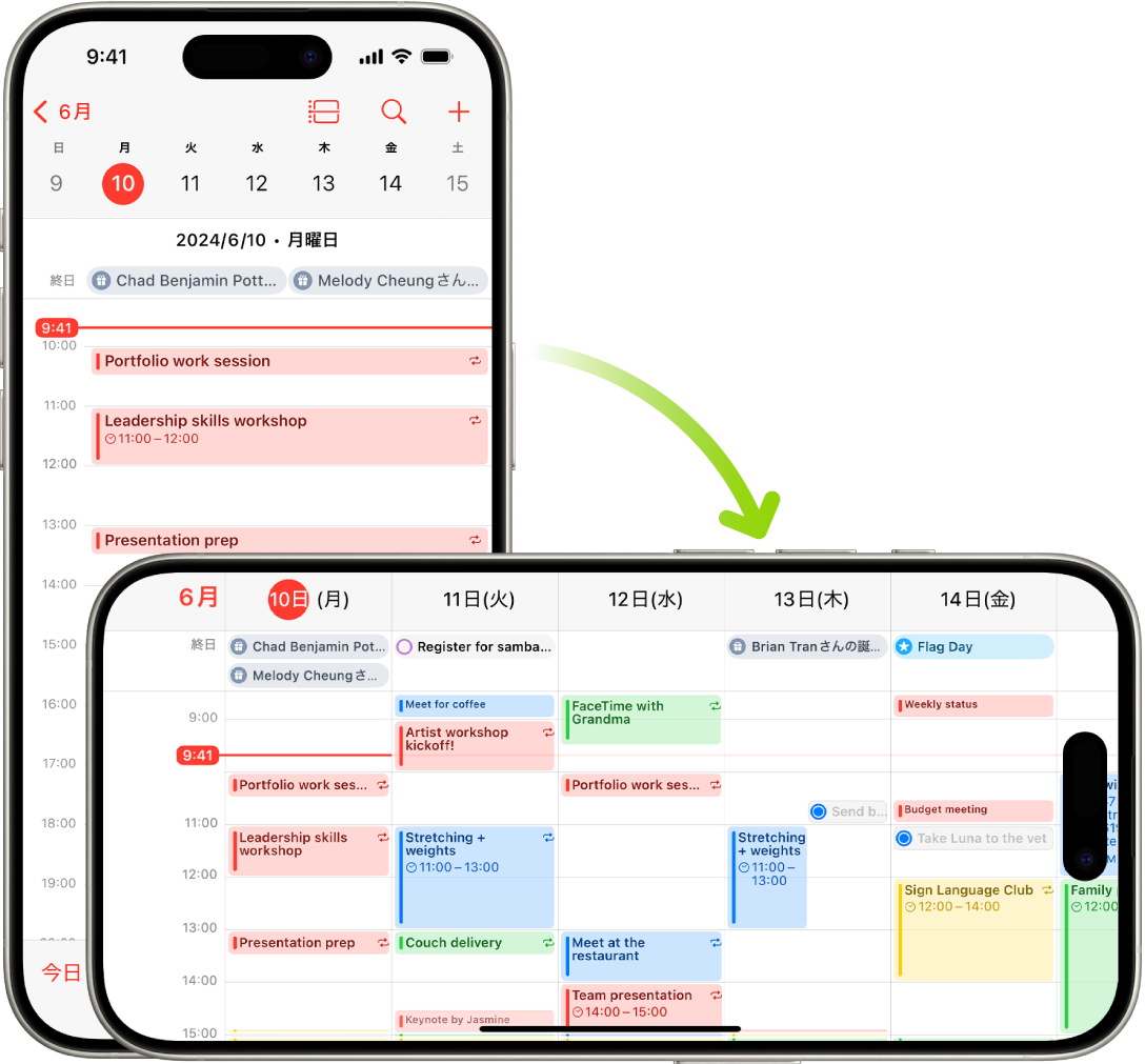 奥のiPhoneの「カレンダー」画面には、1日の予定が縦向きで表示されています。手前のiPhoneは回転されて横向きになっており、1週間の「カレンダー」の予定が表示されています。