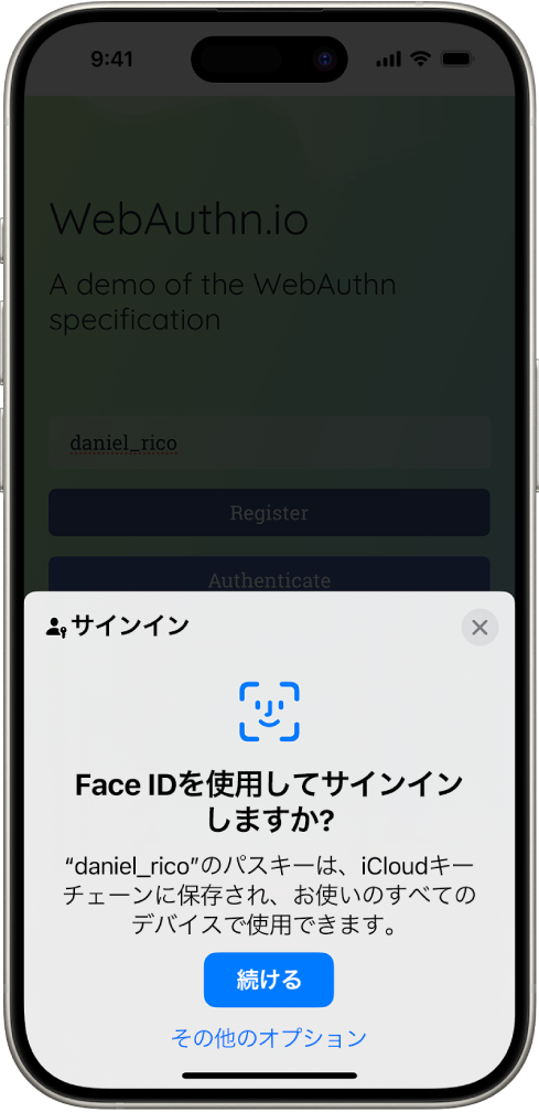アカウントのパスキーが保存されたときに表示されるサインイン画面。画面下部に「続ける」と「その他のオプション」ボタンがあります。