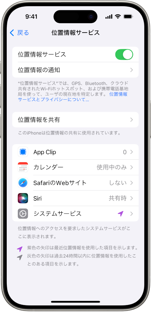 「位置情報サービス」画面。アプリでiPhoneの位置情報を共有するための設定が表示されています。