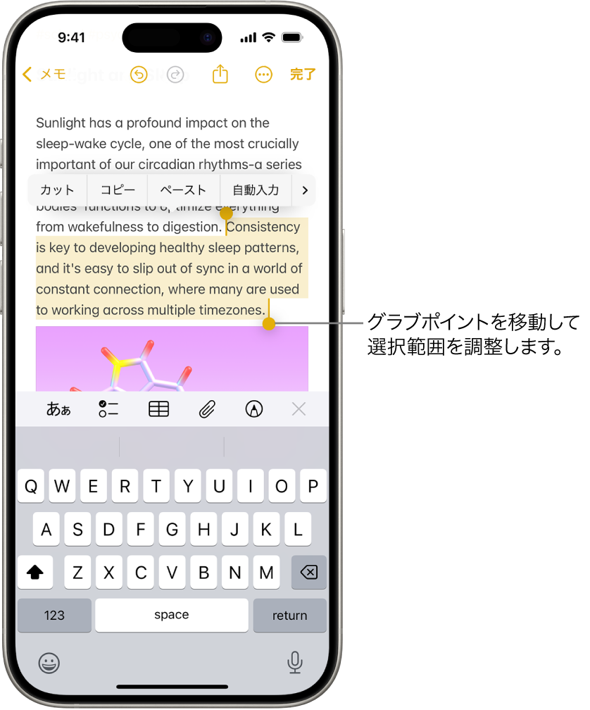 メモアプリのメモでテキストが選択されています。選択されたテキストの上には、「カット」、「コピー」、「ペースト」、「自動入力」ボタンが表示されています。選択されたテキストが強調表示され、両端には選択範囲を調整するグラブポイントが付いています。