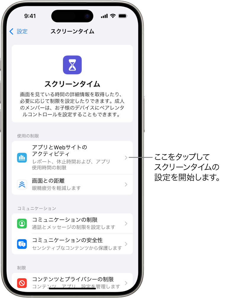 スクリーンタイムの設定画面。「アプリとWebサイトのアクティビティ」をタップして使い始める様子が示されています。