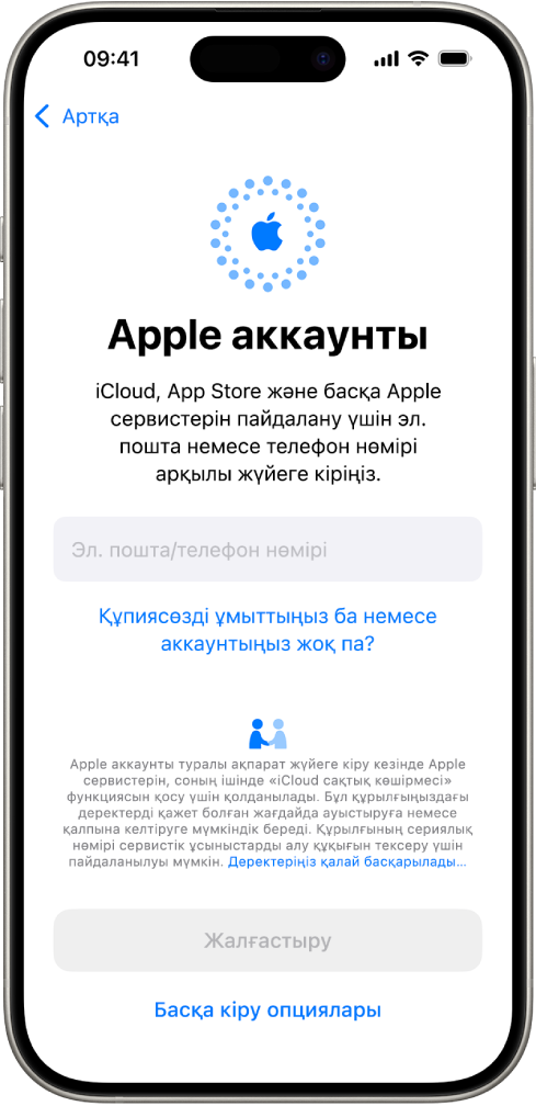 Apple аккаунтына кіру экраны.