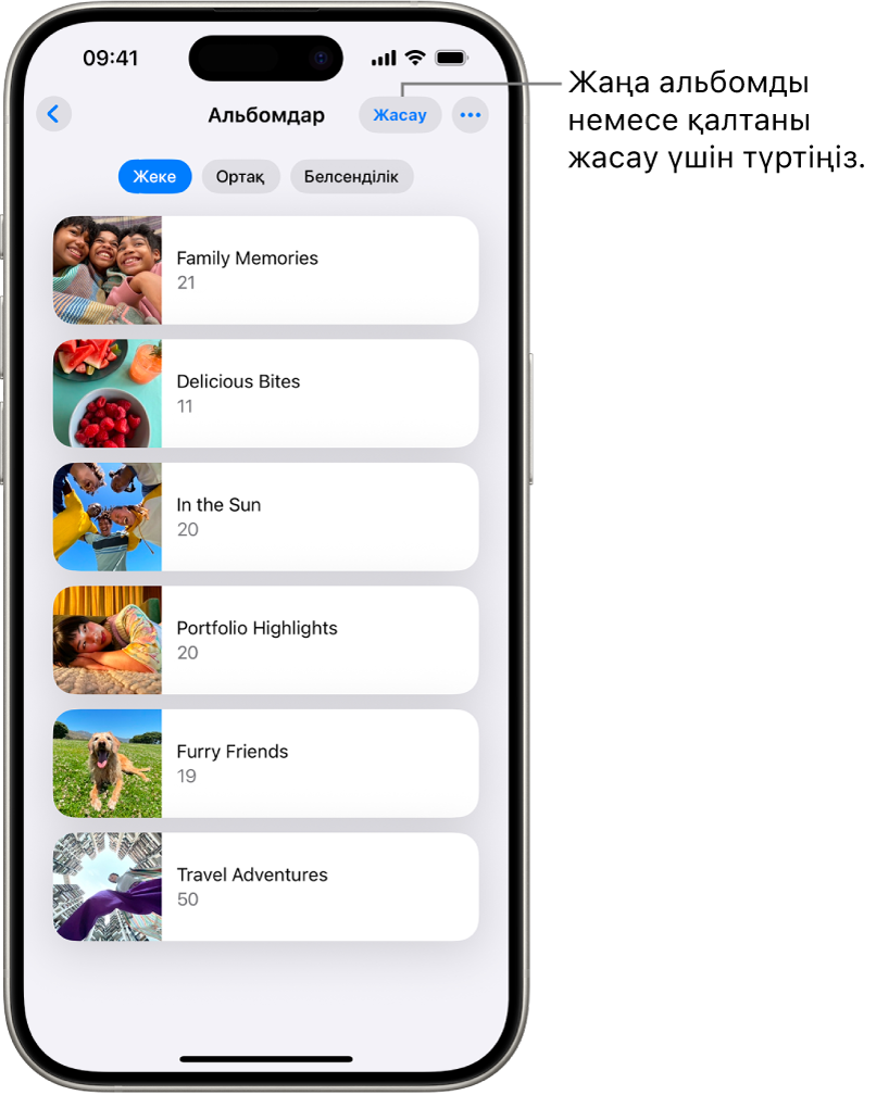 Альбомдар «Фото» қолданбасында ашық. «Жеке» қойындысы таңдалған; оның төменінде альбомдар тізімі бар.