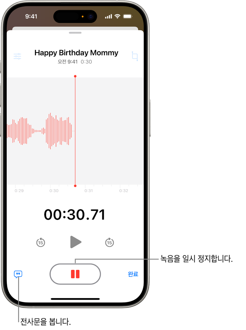진행 중인 녹음의 파형이 표시되고, 시간 표시기 및 녹음을 일시 중지하는 버튼이 있는 음성 메모 녹음.