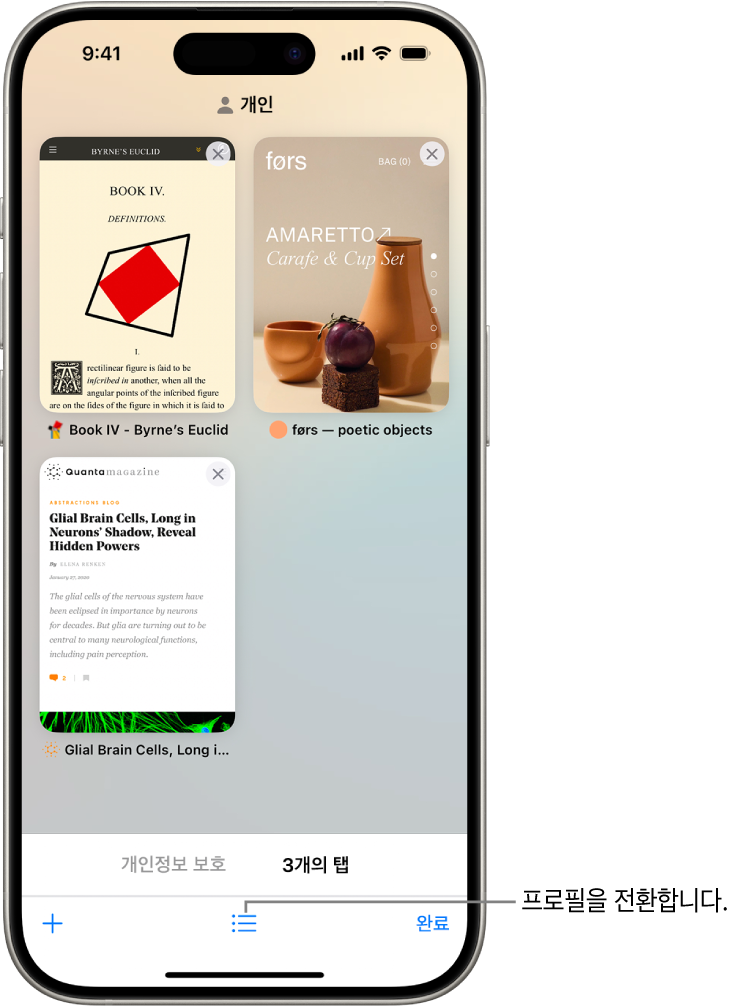 열린 Safari 탭을 표시한 iPhone 화면. 화면 하단에 Safari 탭 그룹 아이콘이 있음. 아이콘을 탭하여 프로필 간에 전환할 수 있음.