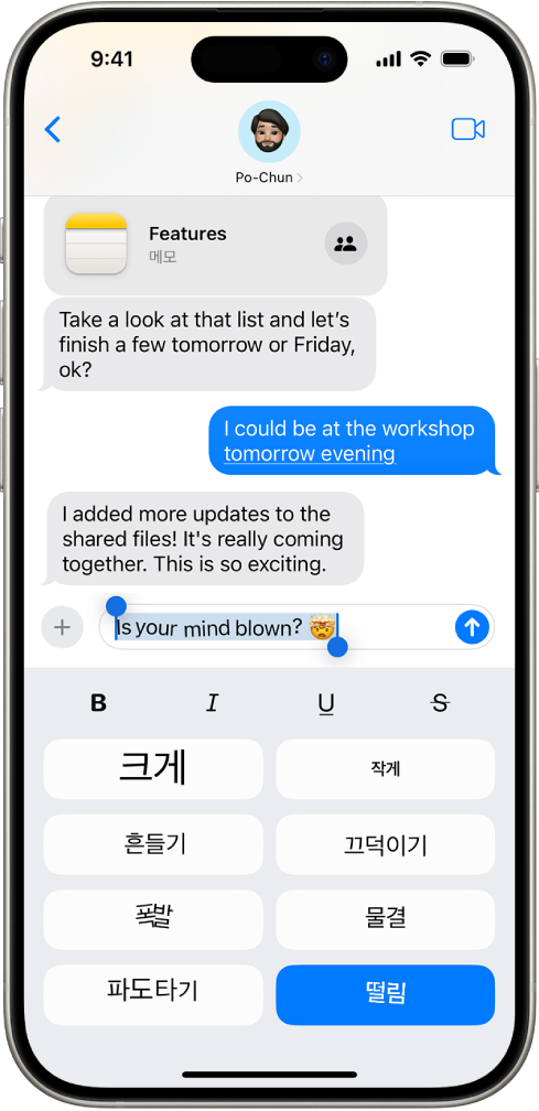 텍스트 필드에 새로운 메시지가 선택되고 그 아래에 포맷 및 효과 옵션이 표시된 메시지 대화. 선택된 텍스트는 효과의 미리보기와 함께 표시됨.