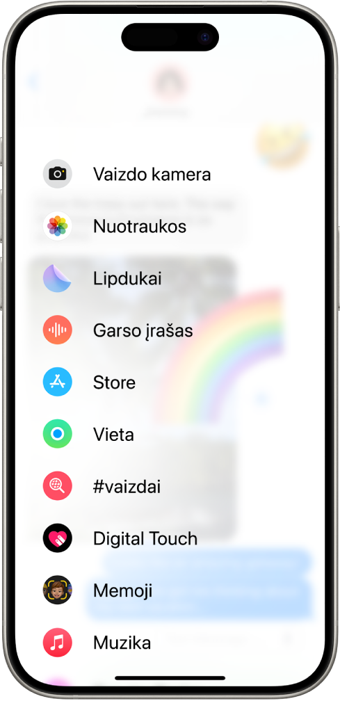 „Žinutės“ pokalbyje palietus mygtuką „Programos“, pasirodo funkcijų, kurias galima įtraukti į žinutę, sąrašas.